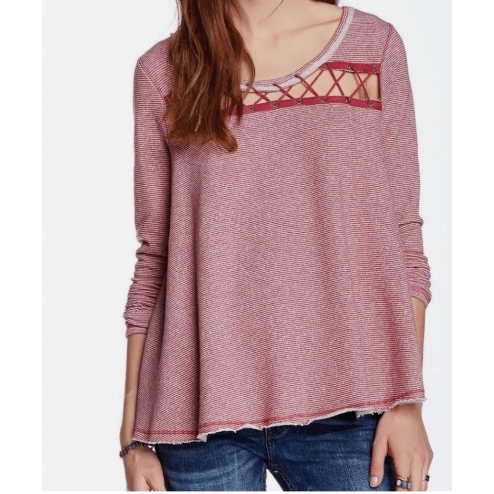 Free People Lacey Love Cutout Sweatshirt Berry Pinstripe Lace Up Grommet Top M